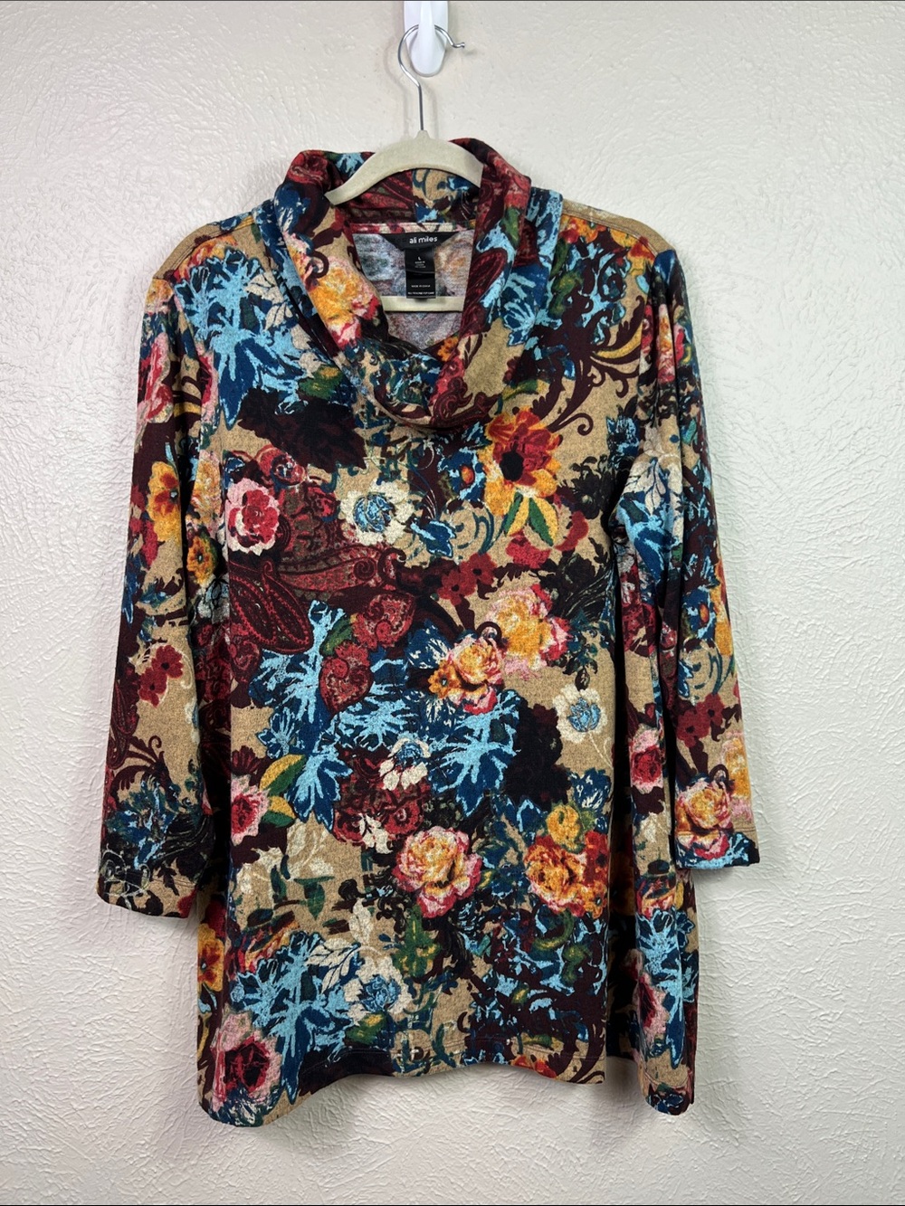 Ali Miles Allover Colorful Floral Cowlneck 3/4 Sleeve Tunic Top Large